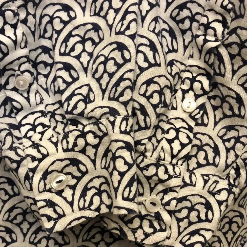 Talbots 100% Linen White Navy Blue Scallop Print Popover - Picture 7 of 11